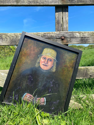 Vintage Naive Folk Art Portrait Painting Oil On Board By Ian. W. Edwards 1947-2024
