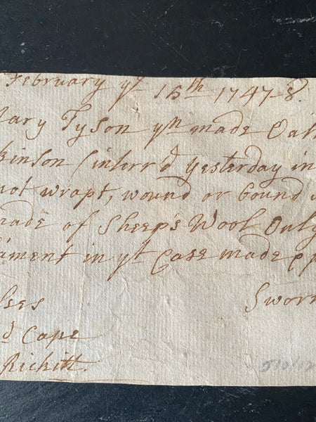 Rare Antique 18th Century Handwritten Sworn Statement Concerning The Body Of A Martin Mackinson & The Burying In Woollen Act
