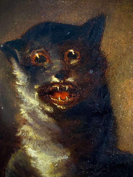 Antique 19th Century Unhinged Folk Art Oil On Canvas Painting Of A Demented Cat