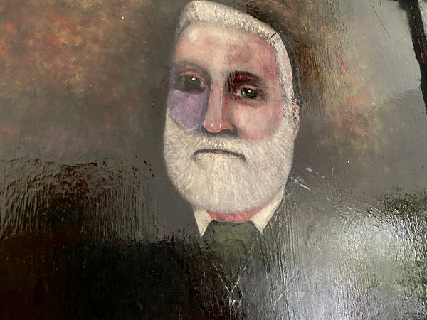 Vintage Naive Folk Art Portrait Painting Oil On Board By Ian. W. Edwards 1947-2024 - Source Vintage