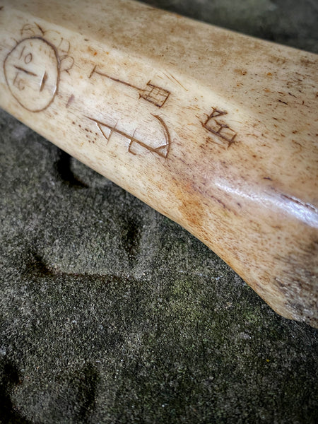 Antique 19th Century Carved Bone/Antler Sailor Folk Art Seam Rubber With An Array Of Symbolic Graffiti