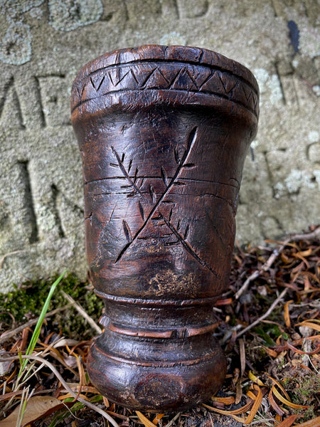 Rare 18th Century Goblet Carved From A Single Piece Of Oak With Assortment Of Protection Marks Dated 1779 - Source Vintage