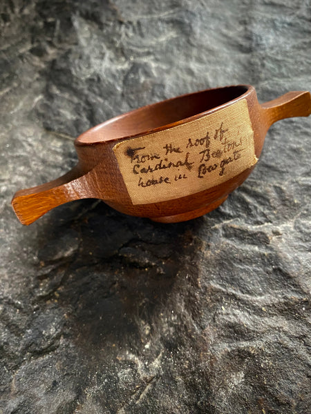 Curious 19th C. Treen Quaich & Period Label Stating From Roof Of Cardinal Beaton’s House, Cowgate, Edinburgh - Source Vintage