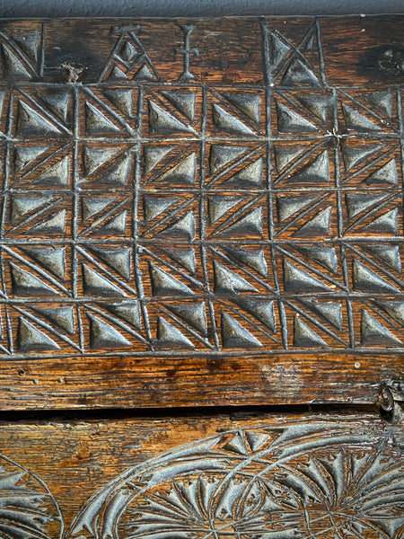 Antique 17th Century Oak Bible Box Dated 1654, Initialled, Heavily Carved, Cryptic Text & Symbols, Faint Protection Mark To One Side