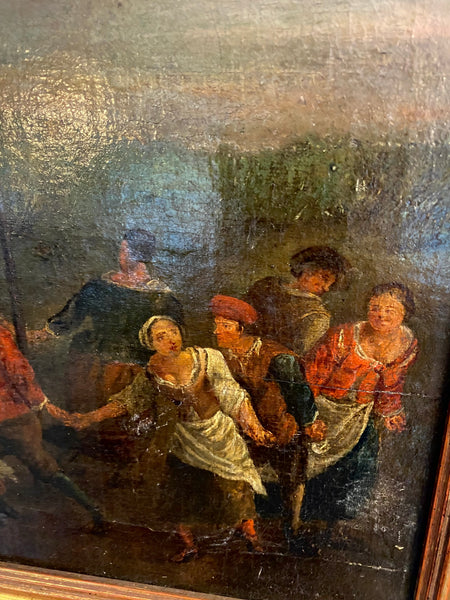 Antique 18th-19th Century Midsummer Maypole Dancing Oil On Canvas Painting - Source Vintage