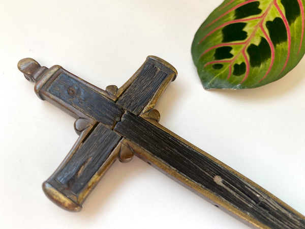 Antique Religious 18th Century Bog Oak & Bronze Combination Crucifix And Wax Seal Pendant - Source Vintage