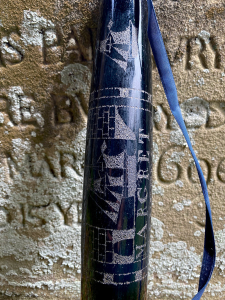 Rare 19th Century Folk Art Glass Rolling Pin Profusely Stippled With Name, Date & Various Seafaring Imagery