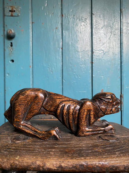 Pair Charming Antique 17th Century Oak Hounds In Recumbent Poses With Naive Grimacing Faces