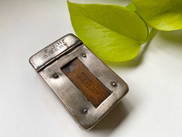 Antique WW1 Make Do Silver Vesta Case With Modified Wood Debris Fragment Inserted By A Soldier As A Memento Of A Bombing They Survived - Source Vintage