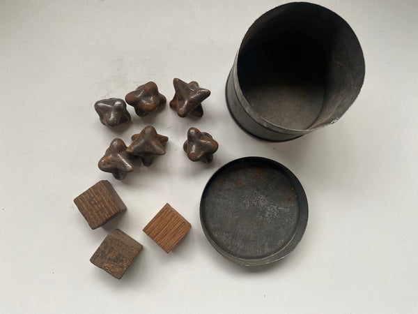 Curious Collection Of Antique Military Caltrop Crow's Feet, 3 x Homemade Dice & A Tin c.1860 - Source Vintage