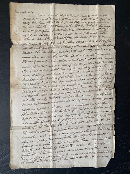 Curious Antique 19th Century Handwritten Manuscript Describing A Case Of Trespass, Violent Assault, Kidnap & False Imprisonment 1826