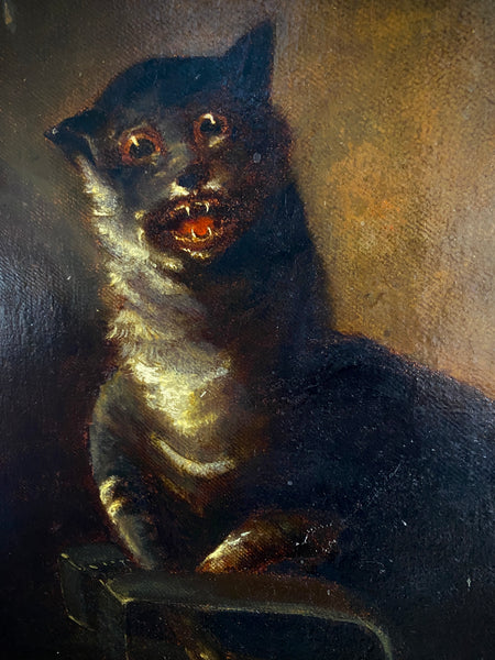 Antique 19th Century Unhinged Folk Art Oil On Canvas Painting Of A Demented Cat