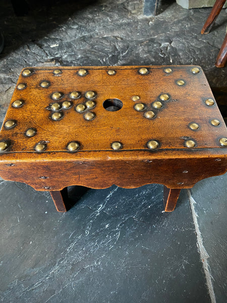 Unusual Antique 19th Century Solid Mahogany Stool With Brass Studs With Initials ‘R.V’ Possible Love Token - Source Vintage