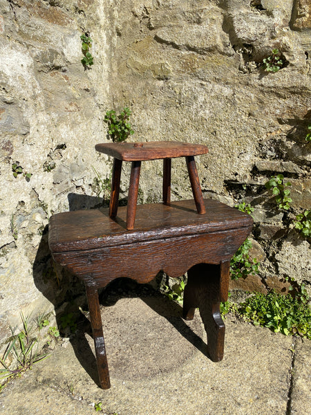 Rare Antique 18th C. English Elm Candle Stool With Carved Initials & Apotropaic Mark - Source Vintage