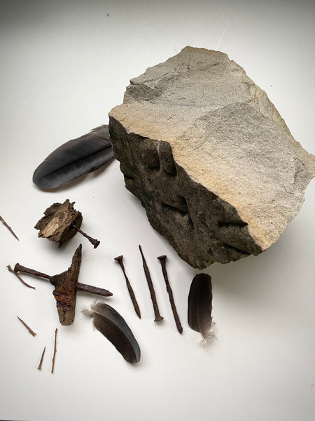 Grave Digger Collection Of An Early 19th C. Gravestone Fragment & Coffin Nails With Remnants Of Coffin Wood Of The Same Period - Source Vintage