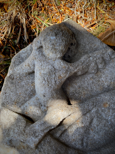 Antique Architectural Ecclesiastical Carved Stone Fragment Depicting Cherub/Angel Standing Over Fallen Figure, Possibly Lucifer