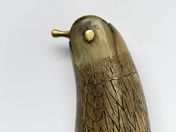 Antique 19th Century Carved Horn Game Keeper’s Snuff Mull With Swivel Dispenser Folk Art Bird Design - Source Vintage