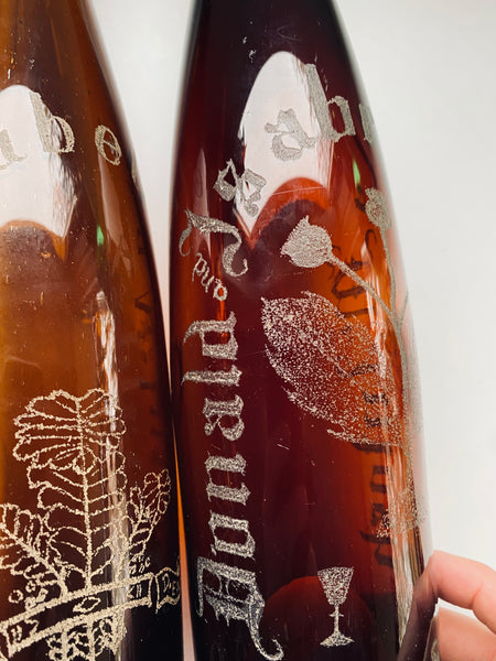 Rare Pair Antique 19th Century Stippled Folk Art Alloa Glass Wedding Bottles - Source Vintage