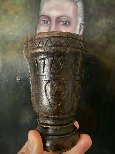 Rare 18th Century Goblet Carved From A Single Piece Of Oak With Assortment Of Protection Marks Dated 1779 - Source Vintage