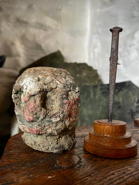 Disturbing Rare Antique 18th Century Early Composition Folk Art Witches Doll Head On Later Made Stand - Source Vintage