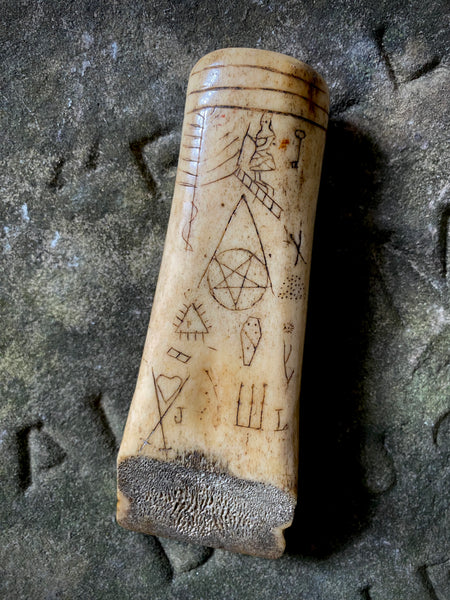 Antique 19th Century Carved Bone/Antler Sailor Folk Art Seam Rubber With An Array Of Symbolic Graffiti