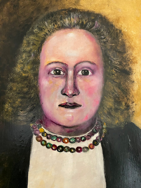 Vintage Naive Folk Art Portrait Painting Oil On Board By Ian. W. Edwards 1947-2024 - Source Vintage