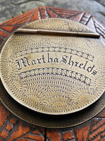 Exceptional Antique Early 19th Century Treen & Brass Folk Art Snuff Box Named ‘Martha Shields’ - Source Vintage