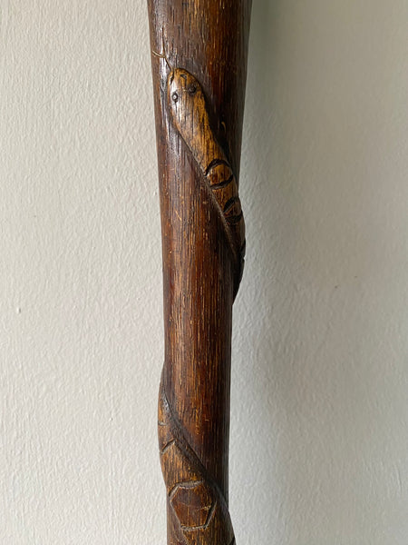 Rare Antique Carved Folk Art Walking Cane With Snake & Glass Marbles Inside c.1900 - Source Vintage