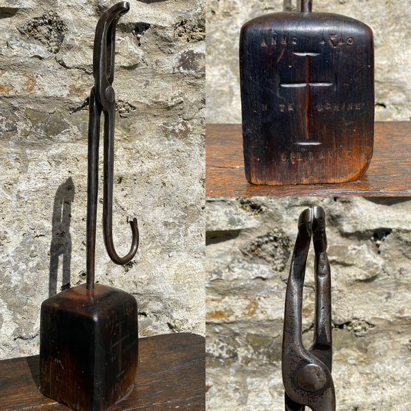Substantial Wrought Iron Curiosity Treen Base Engraved With Cross & Latin Phrase - Source Vintage