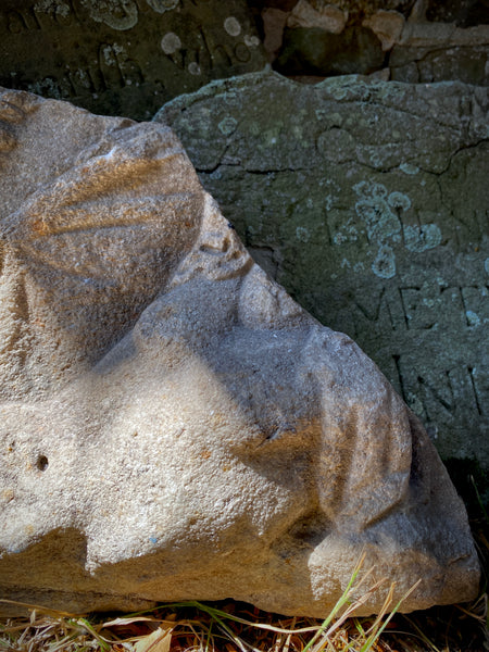 Antique Architectural Ecclesiastical Carved Stone Fragment Depicting Cherub/Angel Standing Over Fallen Figure, Possibly Lucifer