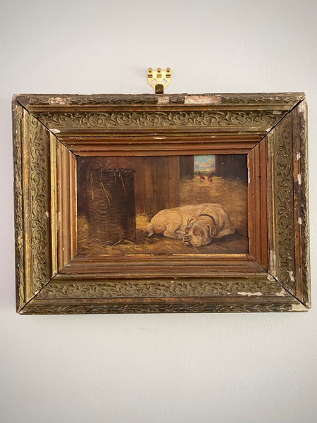 *RESERVED FOR MARYANNE* (Payment 2) Antique Early 20th Century Oil On Board Painting Of A Sleeping Farm Dog