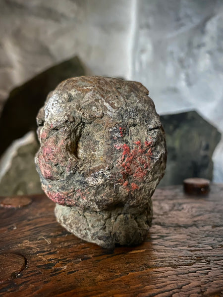 Disturbing Rare Antique 18th Century Early Composition Folk Art Witches Doll Head On Later Made Stand - Source Vintage