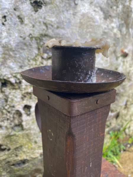 Unusual Antique French 19th Century Rustic Oak & Wrought Iron Candle Holder - Source Vintage