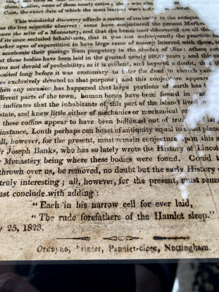 Rare Framed 1823 Broadside – Discovery of Human Remains in Louth Marketplace - Source Vintage