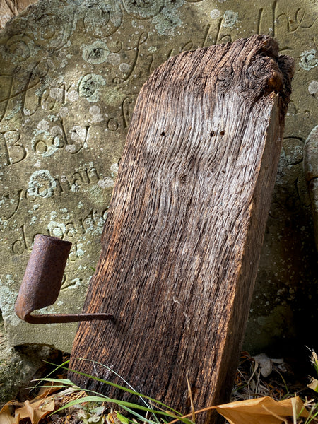Primitive Antique 18th Century Wrought Iron Wall Spike Candle Holder Stabbed Into A Piece Of Wood