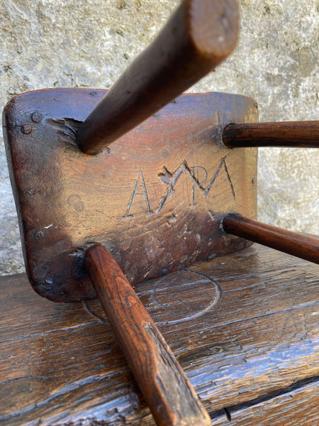 Rare Antique 18th C. English Elm Candle Stool With Carved Initials & Apotropaic Mark - Source Vintage