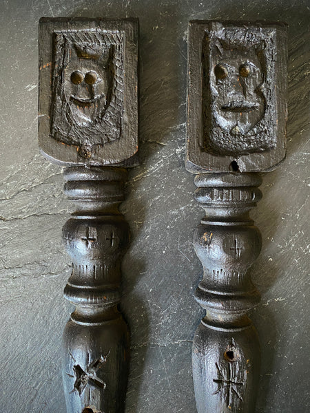Rare Pair Antique 16th Century Carved Oak Pilasters With Skulls, Devils And Demons From A Bizarre Sideboard From The East Anglia Region - Source Vintage