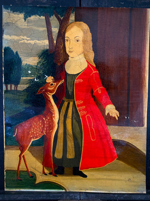 Naive Folk Art Oil Painting Child Holding A Deer By Leslie Stafford (1949–2024)