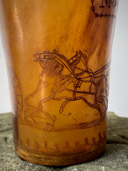 Rare Antique Early 19th Century Folk Art Engraved Horn Beaker Relating To The ‘Salisbury Lion Attack’ In 1816