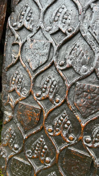 Extremely Rare Pair Of English 15th Century Oak Heraldic Panels With Rare Concentric Circle Apotropaic Witch Marks & Scorch Marks