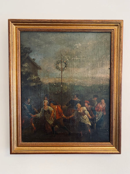Antique 18th-19th Century Midsummer Maypole Dancing Oil On Canvas Painting - Source Vintage