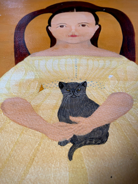 Naive Folk Art Oil Painting Child Holding A Cat By Leslie Stafford (1949–2024)