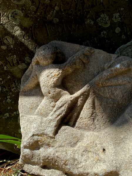 Antique Architectural Ecclesiastical Carved Stone Fragment Depicting Cherub/Angel Standing Over Fallen Figure, Possibly Lucifer