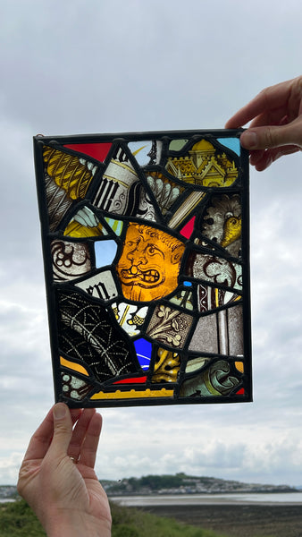 Decorative Folk Art Patchwork Of Fragments Of Antique 19th Century Stained Glass - Source Vintage