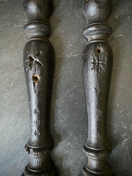 Rare Pair Antique 16th Century Carved Oak Pilasters With Skulls, Devils And Demons From A Bizarre Sideboard From The East Anglia Region - Source Vintage