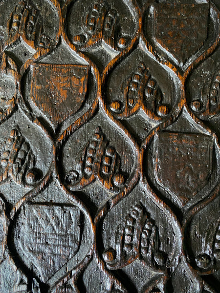 Extremely Rare Pair Of English 15th Century Oak Heraldic Panels With Rare Concentric Circle Apotropaic Witch Marks & Scorch Marks