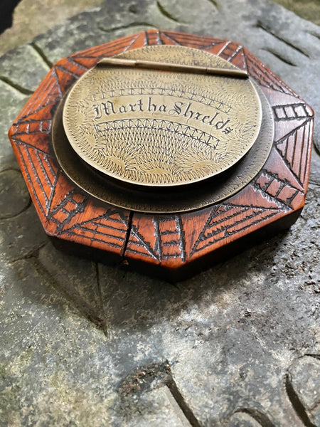 Exceptional Antique Early 19th Century Treen & Brass Folk Art Snuff Box Named ‘Martha Shields’ - Source Vintage