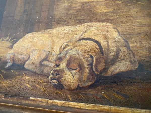 *RESERVED FOR MARYANNE* (Payment 2) Antique Early 20th Century Oil On Board Painting Of A Sleeping Farm Dog