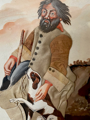 Antique Georgian Late 18th Century Folk Art Collage & Gouache Painting of English Gamekeeper & His Dog