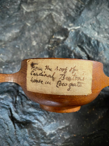 Curious 19th C. Treen Quaich & Period Label Stating From Roof Of Cardinal Beaton’s House, Cowgate, Edinburgh - Source Vintage